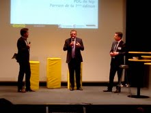 Parrain du 1er concours Crisalide Numérique: Hugues Meili (PDG de NIJI - au centre), Président de la CCI Rennes: Emmanuel Thaunier (PDG de E-Solutions - à droite), Présentateur de la soirée: Lionel Myszka (Dirigeant de WebPatron - à gauche),